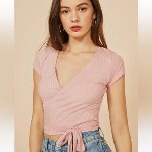 Reformation Pink Flora Stretchy Knit Ribbed Short Sleeve V Neck Wrap Crop Top -L